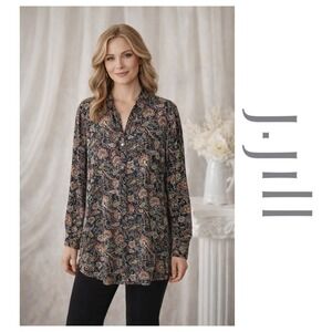 J. Jill Black Orange Floral Paisley Long Sleeve Button Down Tunic Top Size M